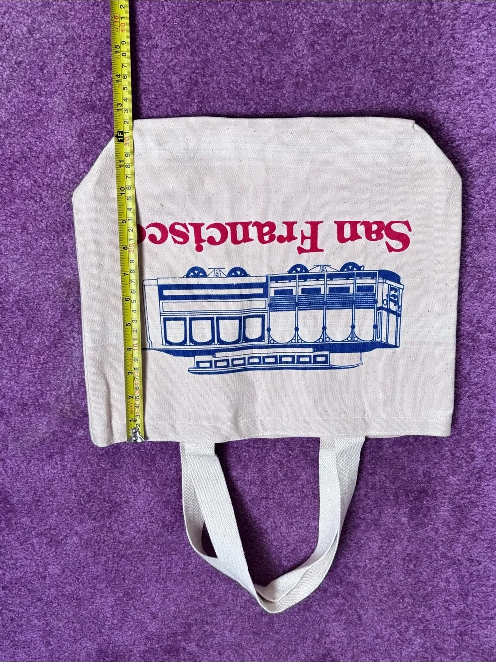 San Francisco Cable Car Canvas Tote - White with Blue & Red Print